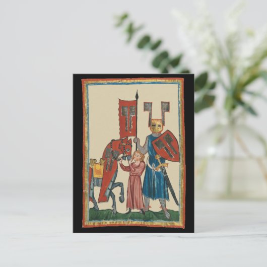 Ridder en schildknaap, 14e-eeuwse middeleeuwse kun briefkaart (Staand voorkant)