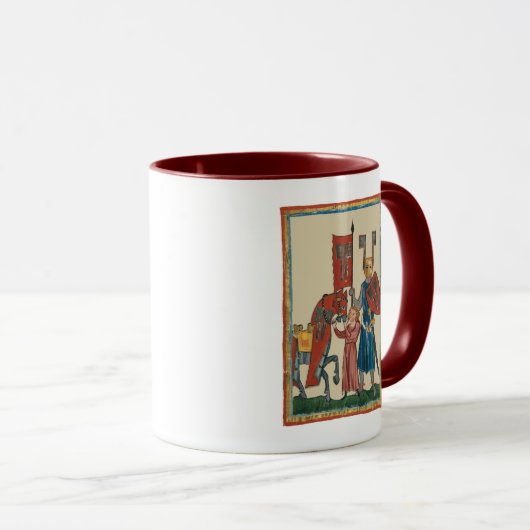 Ridder en schildknaap, 14e-eeuwse middeleeuwse kun mok (Voorkant rechts)