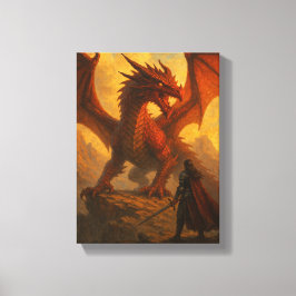 Ridder geconfronteerd met rode draak op Fiery Moun Canvas Afdruk