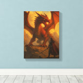 Ridder geconfronteerd met rode draak op Fiery Moun Canvas Afdruk (Insitu (Houten vloer))