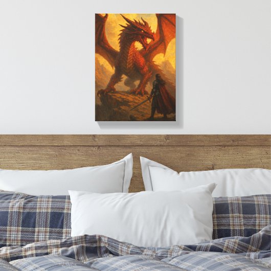 Ridder geconfronteerd met rode draak op Fiery Moun Canvas Afdruk (Insitu (Slaapkamer))