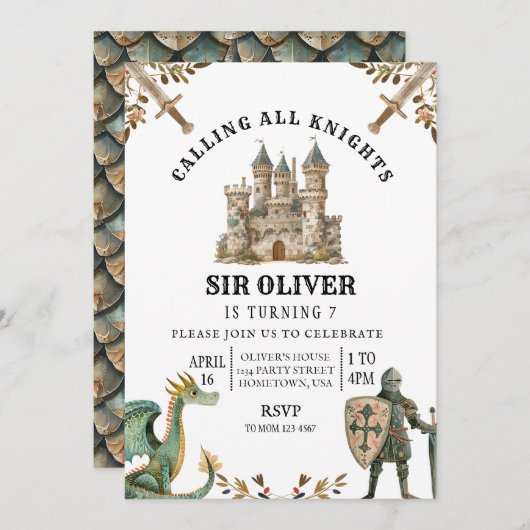 Ridder Verjaardag Uitnodiging, Dragon Uitnodiging (Voorkant / Achterkant)