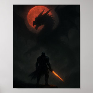 Ridder vs Draak onder de Bloedmaan Fantasie Poster