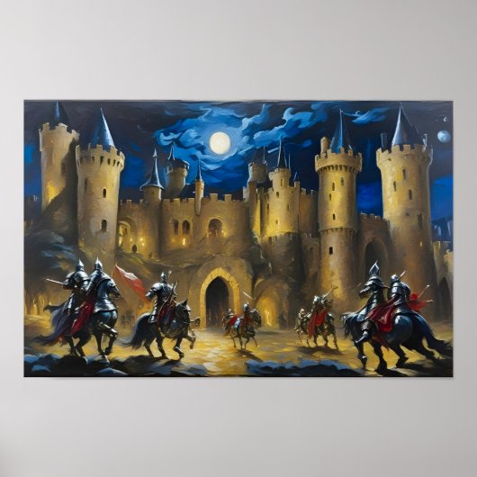 Ridders bewaken een kasteel 's nachts poster (Voorkant)