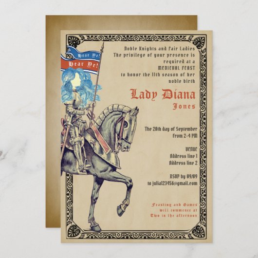 Ridders & Dames Middeleeuws Feest en Joust Verjaar Kaart (Voorkant / Achterkant)