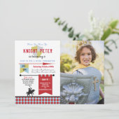 Ridders middeleeuwse verjaardagsfeestje foto rood kaart (Staand voorkant)