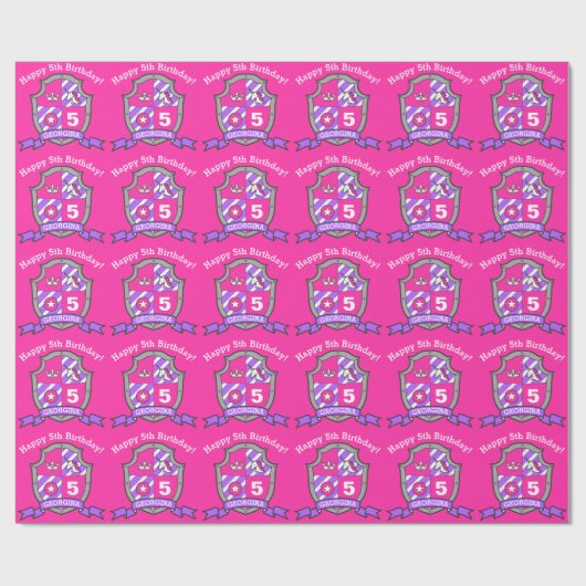 ridders schild meisjes 5e verjaardag roze wrap pap cadeaupapier (Vlak)