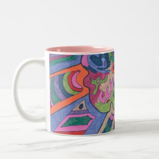 Ride de Groovy Rainbow, abstract Tweekleurige Koffiemok (Links)