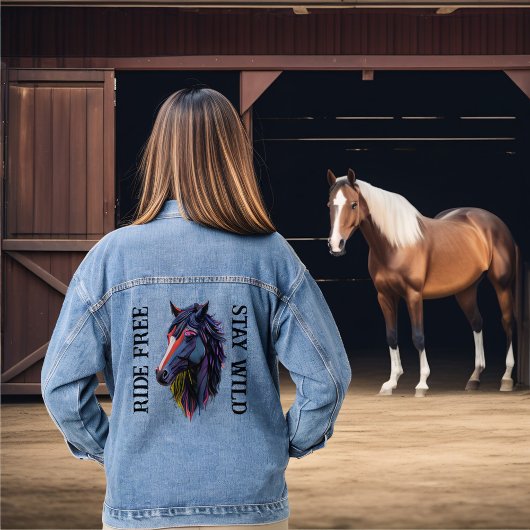 Ride Free Blijf Wild Kleurrijke Paardenkop Denim Jacket