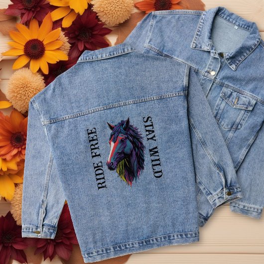 Ride Free Blijf Wild Kleurrijke Paardenkop Denim Jacket