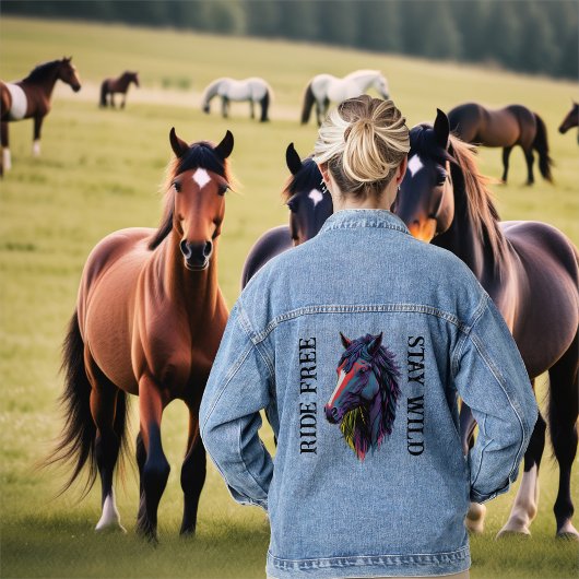Ride Free Blijf Wild Kleurrijke Paardenkop Denim Jacket