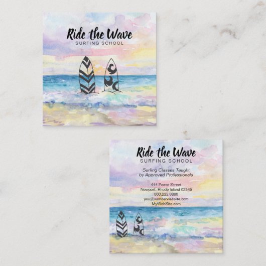*~* Ride the Wave Beach Ocean Surfing School Vierkante Visitekaartje (Voorkant / Achterkant)