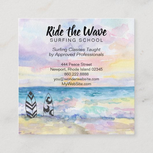 *~* Ride the Wave Beach Ocean Surfing School Vierkante Visitekaartje (Achterkant)