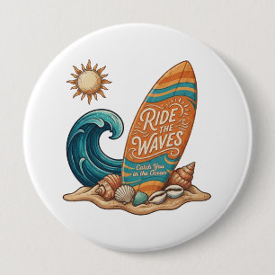 Ride the Waves Surfboard Illustratie - Tropisch B Ronde Button 4,0 Cm