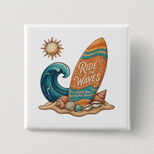 Ride the Waves Surfboard Illustratie - Tropisch B Vierkante Button 5,1 Cm