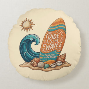 Ride The Waves - Vintage Surfrond Decoratief Rond Kussen
