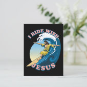 Ride with Jesus | Surfende Jezus Illustratie Briefkaart (Staand voorkant)