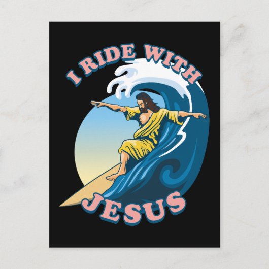 Ride with Jesus | Surfende Jezus Illustratie Briefkaart (Voorkant)