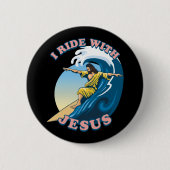 Ride with Jesus | Surfende Jezus Illustratie Ronde Button 5,7 Cm (Voorkant)