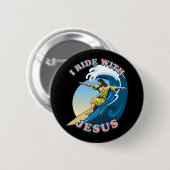Ride with Jesus | Surfende Jezus Illustratie Ronde Button 5,7 Cm (Voorkant /achterkant)