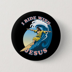 Ride with Jesus   Surfende Jezus Illustratie Ronde Button 5,7 Cm