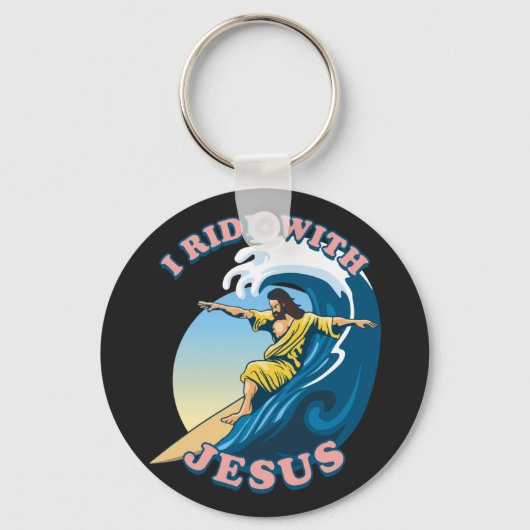 Ride with Jesus | Surfende Jezus Illustratie Sleutelhanger (Voorkant)