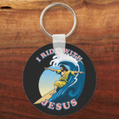 Ride with Jesus | Surfende Jezus Illustratie Sleutelhanger (Voorkant)