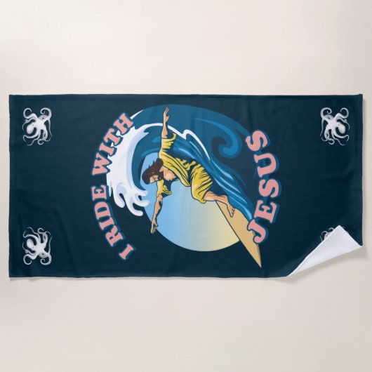 Ride with Jesus | Surfende Jezus Illustratie Strandlaken (Voorkant)