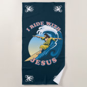 Ride with Jesus | Surfende Jezus Illustratie Strandlaken (Voorkant)