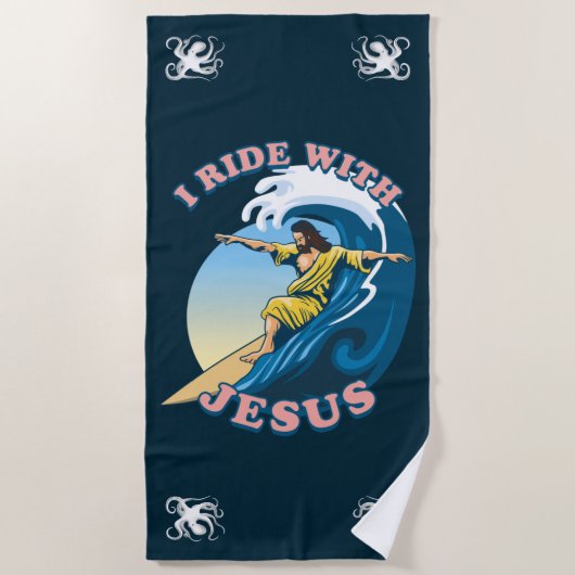 Ride with Jesus | Surfende Jezus Illustratie Strandlaken (Voorkant)
