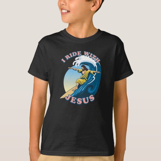 Ride with Jesus | Surfende Jezus Illustratie T-shirt (Voorkant)