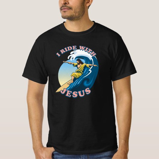 Ride with Jesus | Surfende Jezus Illustratie T-shirt (Voorkant)
