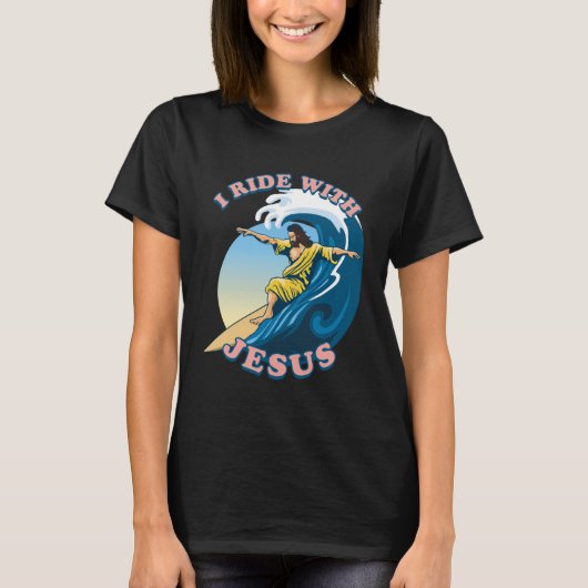 Ride with Jesus | Surfende Jezus Illustratie T-shirt (Voorkant)