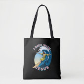Ride with Jesus | Surfende Jezus Illustratie Tote Bag (Voorkant)