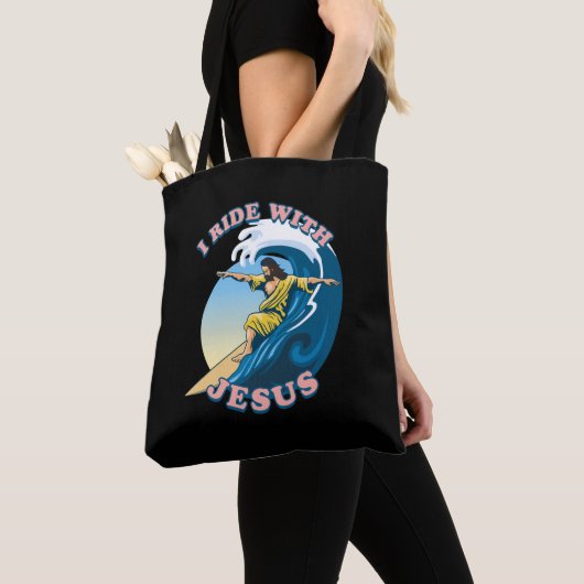 Ride with Jesus | Surfende Jezus Illustratie Tote Bag (Dichtbij)