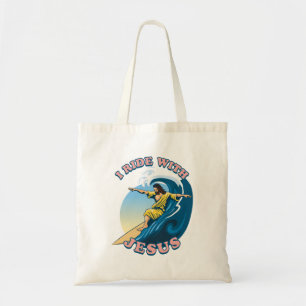 Ride with Jesus Surfende Jezus Illustratie Tote Bag