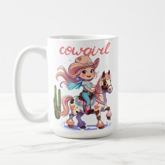 Ride with Joy - Schattigee cowgirl op haar gevlekt Koffiemok (Links)