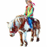 Rider op een pony - een ornament fotobeeldje ornament<br><div class="desc">Een kleine rijder in kleurrijke kleren op een bruine gespikkelde pony. Geïnspireerd door een fantasieboek,  maar het is duidelijk dat ik het boek of het personage niet mag noemen. Maar je kunt nog steeds raden.</div>