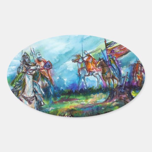 RIDERS IN HET STORM Medieval Knight Horseback Ovale Sticker (Voorkant)