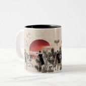 Riding Couple en Bird Sketch bij zonsondergang Tweekleurige Koffiemok (Voorkant links)