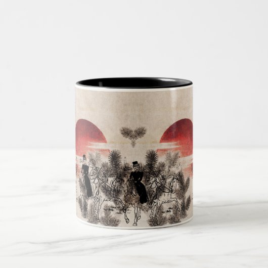Riding Couple en Bird Sketch bij zonsondergang Tweekleurige Koffiemok (Center)