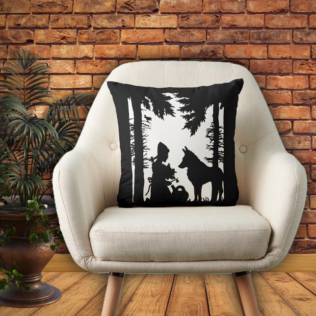 Riding Hood Watering Can Flowers wolf Forest Kussen (Black white decorative pillow with red riding hood in the forest under trees with the wolf.)