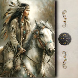 Riding Native Woman & White Horse Decoupage Tissuepapier