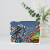 Ridt op een beurs in een graafschap tegen een blau briefkaart (Staand voorkant)