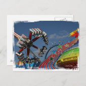 Ridt op een beurs in een graafschap tegen een blau briefkaart (Voorkant / Achterkant)