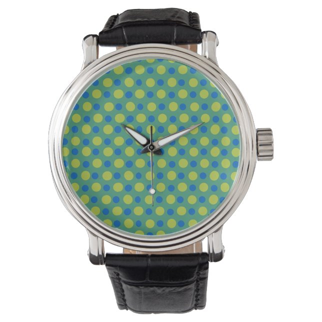  riem polshorloge: Blauw, groene pooldots Horloge (Voorkant)