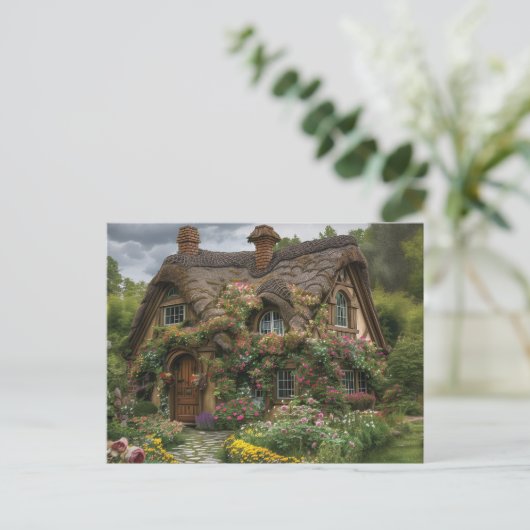  rieten huis met planten en bloemen briefkaart (Staand voorkant)