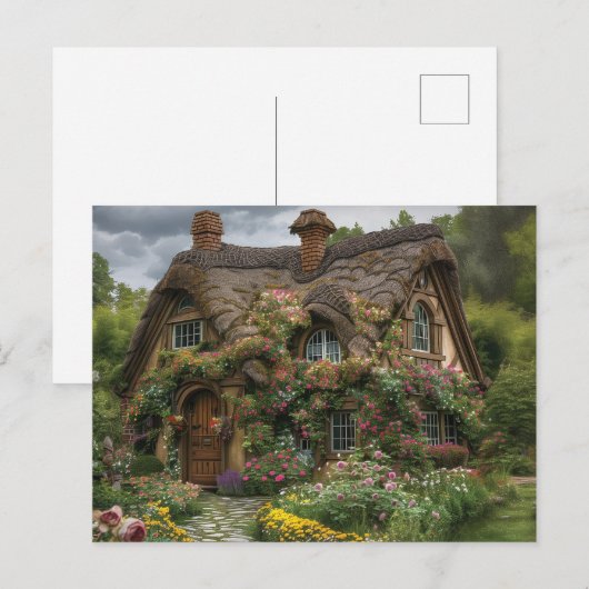  rieten huis met planten en bloemen briefkaart (Voorkant / Achterkant)