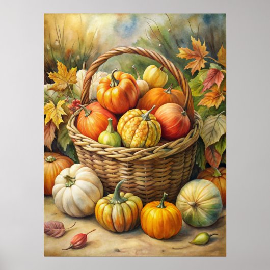 Rieten mand met pompoenen Herfst Poster (Voorkant)