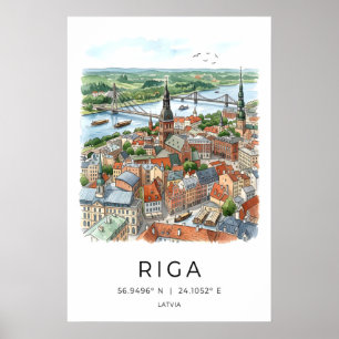 Riga Silhouette Kunstprint Aquarel Stadsgezicht (O Poster